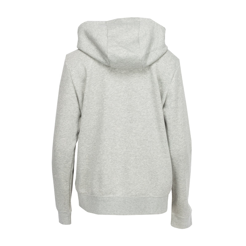 Women's heather gray full-zip hoodie, back view with hood and drawstring
