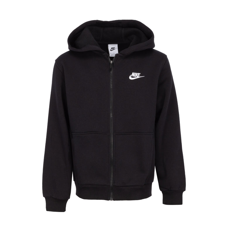 Youth black zip-up fleece hoodie with hood, front zip, and Nike swoosh logo
