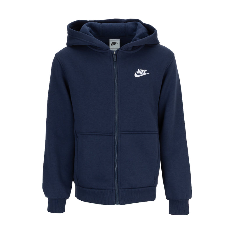Youth navy zip-up fleece hoodie with hood, full zipper, and Nike logo on chest.