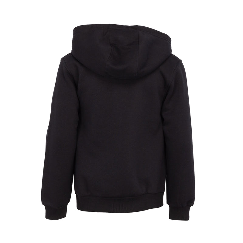 Youth black fleece zip-up hoodie, back view with hood and full front zipper