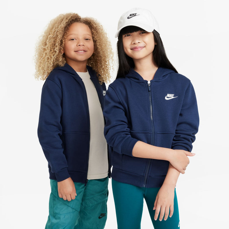 Youth navy zip-up fleece hoodie with hood and Nike logo on the chest, front view.