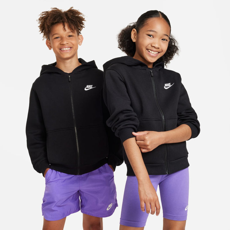 Two youth black zip-up fleece hoodies with hoods, front zippers, and Nike swoosh