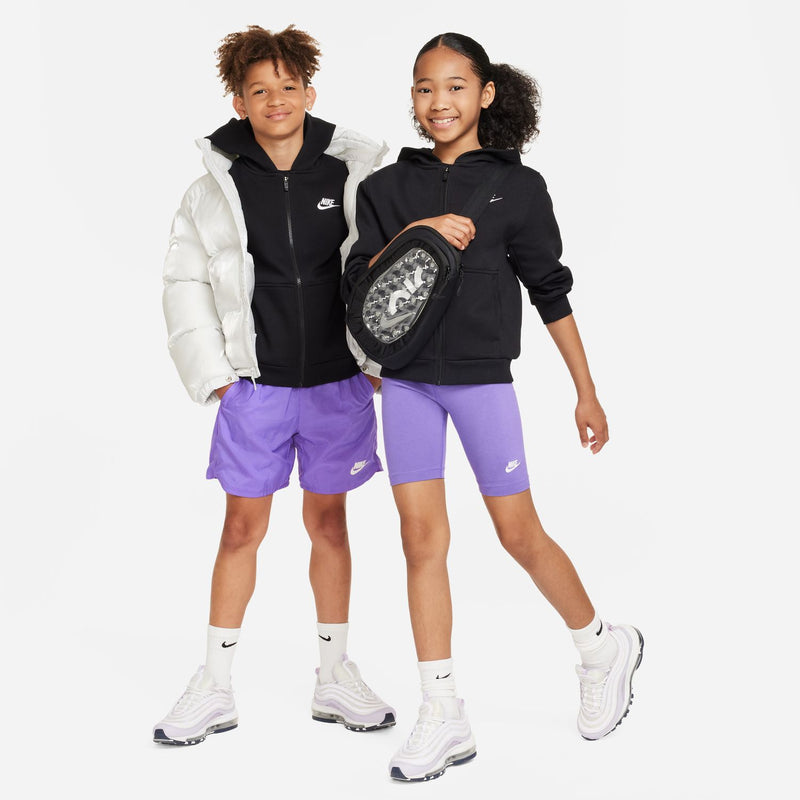 Youth black zip-up fleece hoodie with hood, front zip, and kangaroo pocket, Nike swoosh