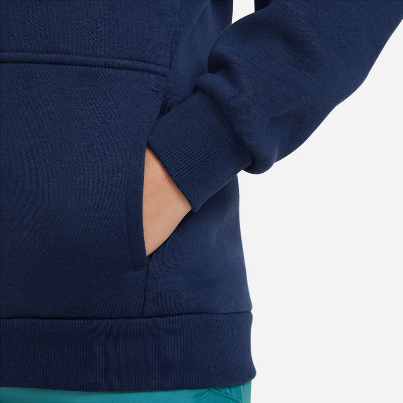 Youth navy fleece hoodie front pocket and ribbed cuffs with zipper placket detail.