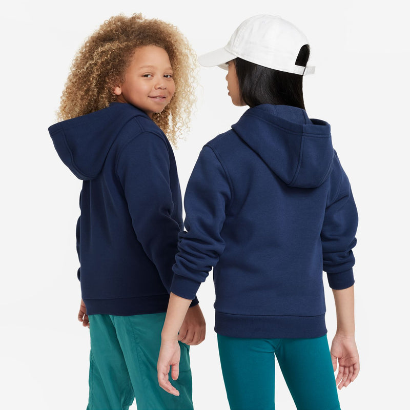 Youth navy zip-up fleece hoodie with hood, shown from the back; ribbed hem visible.