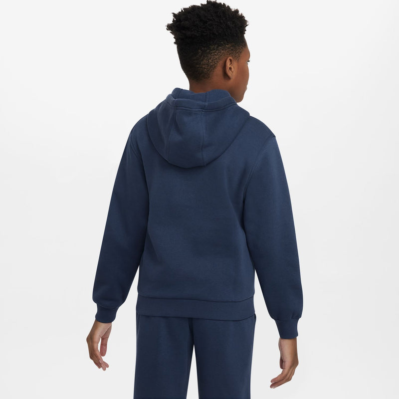Youth navy zip-up fleece hoodie with hood, shown from the back; full length silhouette.