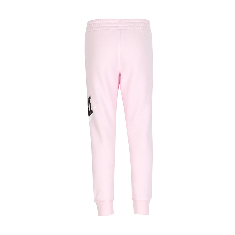 Toddler pink fleece joggers with elastic cuffs and NIKE logo on leg