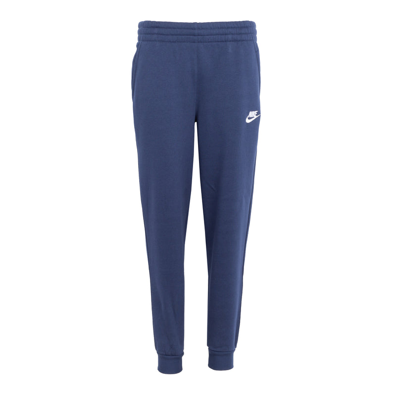 Youth midnight navy fleece jogger pants with white Nike logo, elastic waistband.