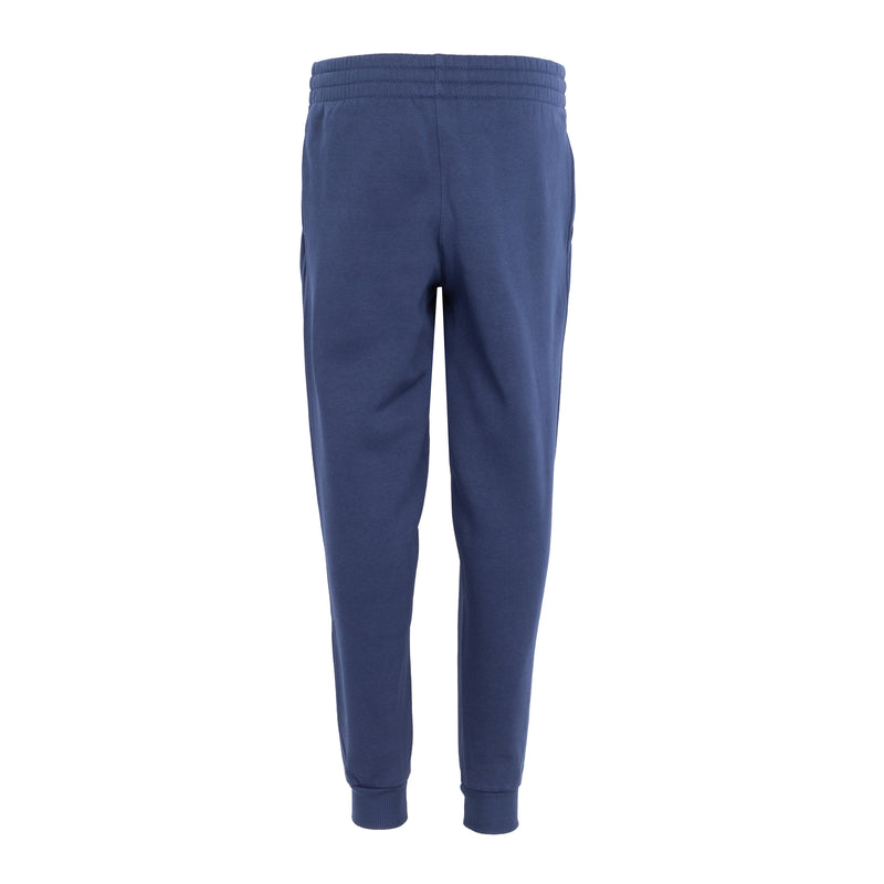 Youth midnight navy fleece jogger pants, rear view with tapered legs and cuffs.