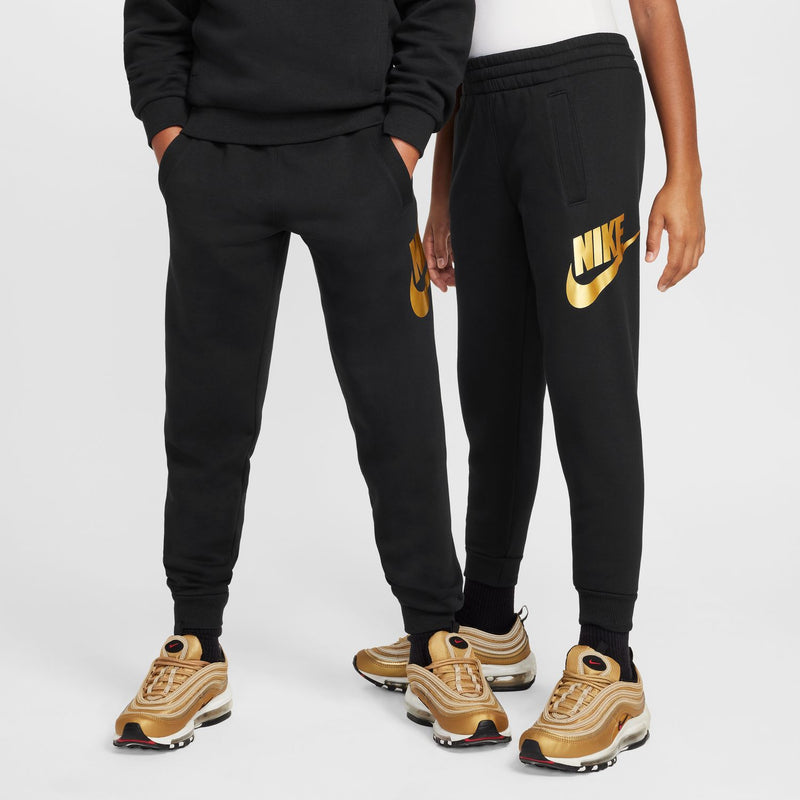 Youth black joggers with gold NIKE swoosh, cuffed ankle