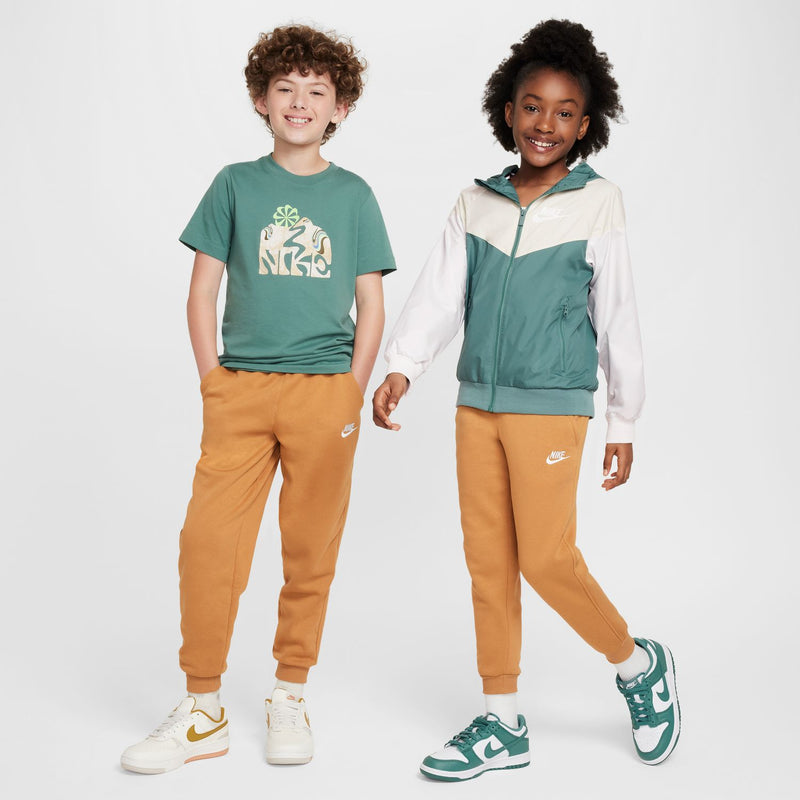 Youth fleece joggers in flax tan with elastic waist and side Nike logo