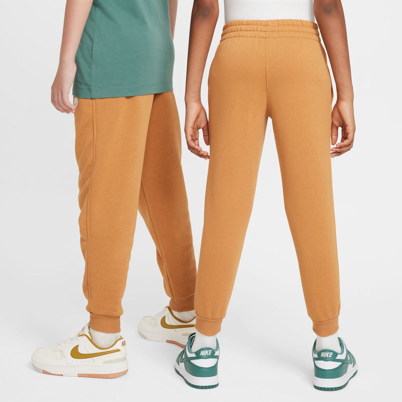 Flax tan youth fleece joggers with elastic waist and side Nike logo (rear view)