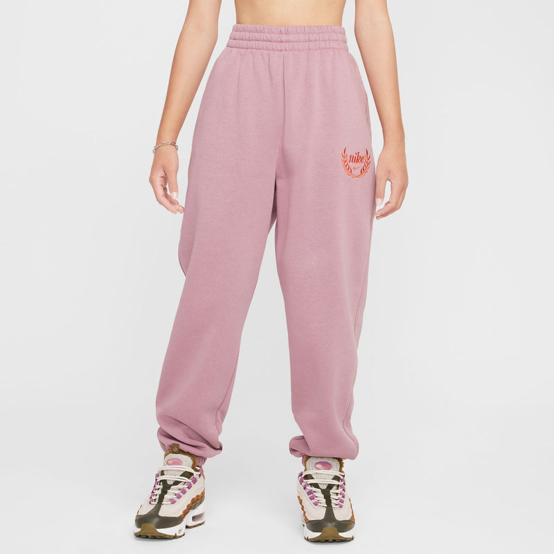 Youth plum fleece sweatpants with elastic waistband and side logo