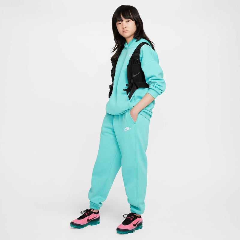 Youth teal/turquoise loose fleece pants with elastic waistband and cuffed ankles
