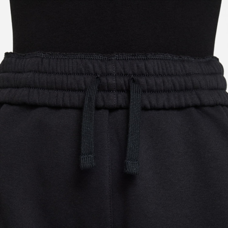Black fleece pants close-up: elastic waistband with drawstring and stitched panel