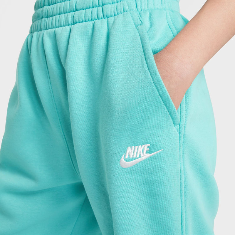 Youth teal/turquoise fleece pants with elastic waistband and white Nike logo
