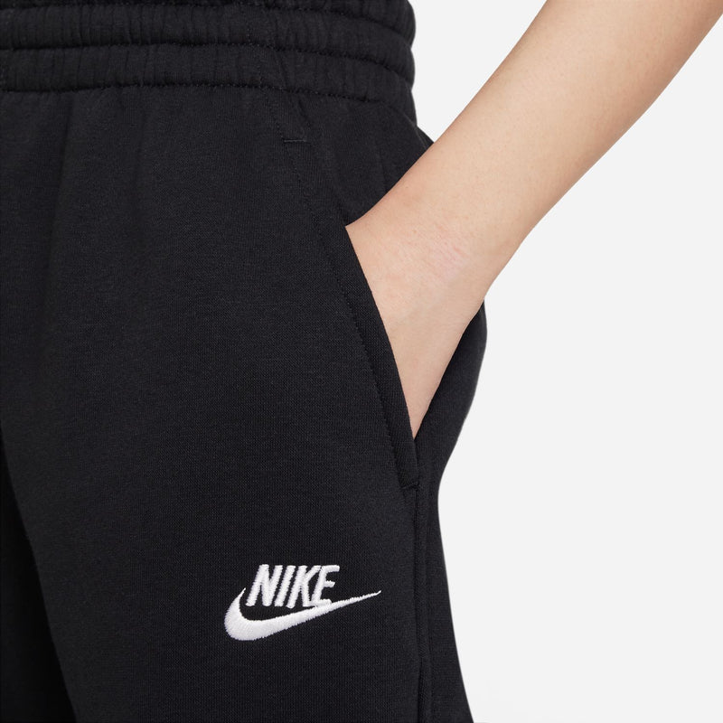 Black sweatpants close-up with Nike swoosh logo and drawcord waistband