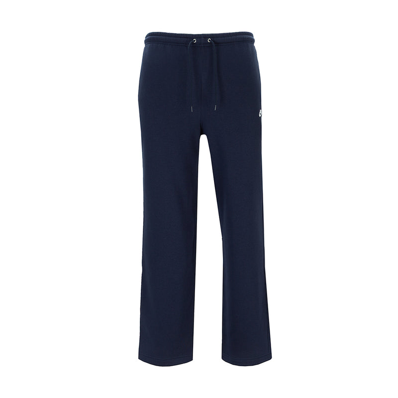 Mens dark blue fleece open-hem sweatpants with drawstring waist and side pockets
