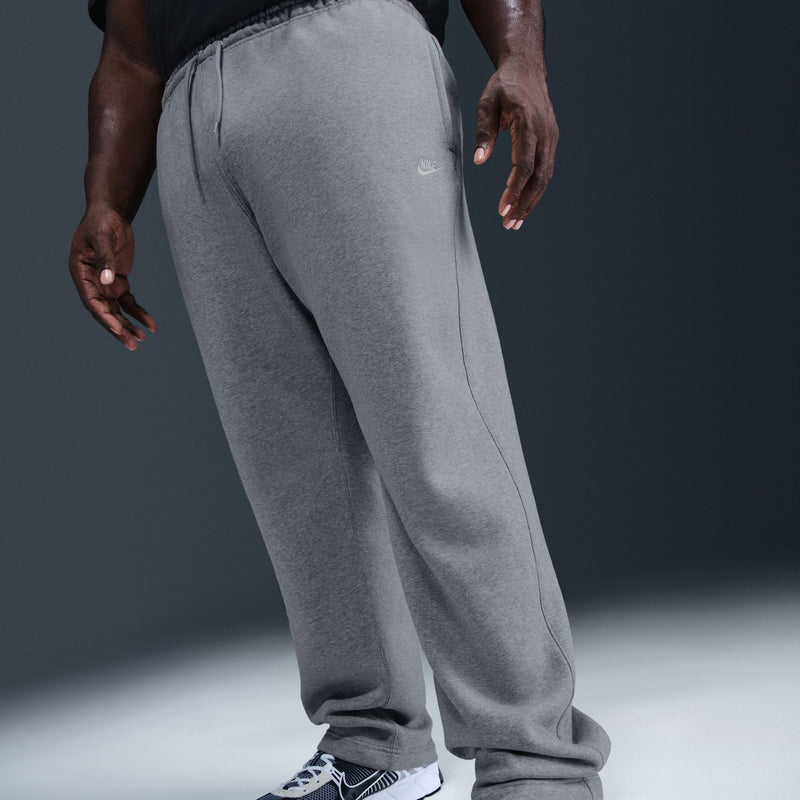 Grey heather open-hem fleece pants with drawstring waist and relaxed tapered legs
