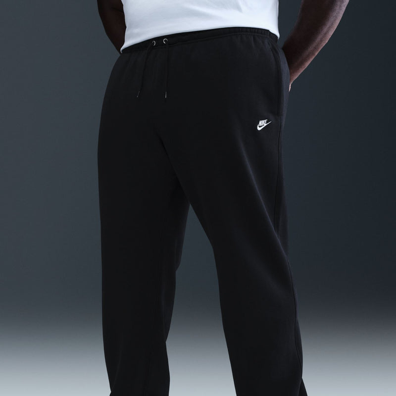 Men's black fleece pants with drawstring waist, side pockets, and open hem cuff