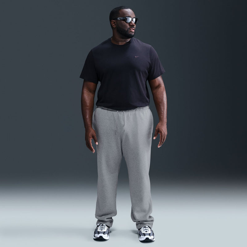 Mens grey heather fleece jogger pants with open-hem cuffs and side seam pockets