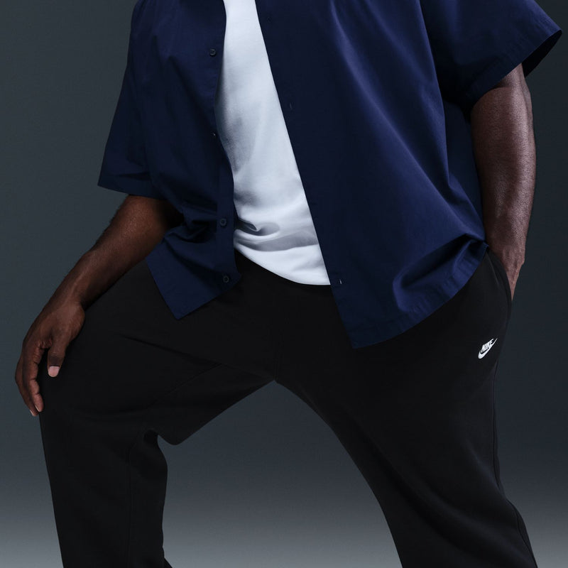 Men's black fleece pants with side pocket and tapered leg, open hem cuff