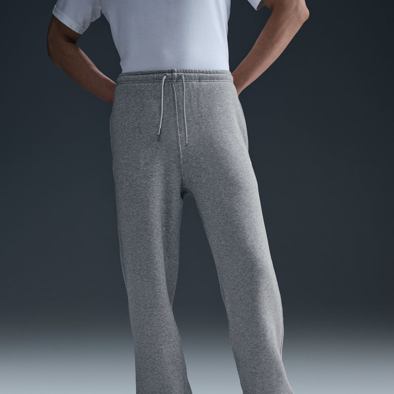 Grey heather fleece sweatpants with drawstring waistband and open-hem cuffs