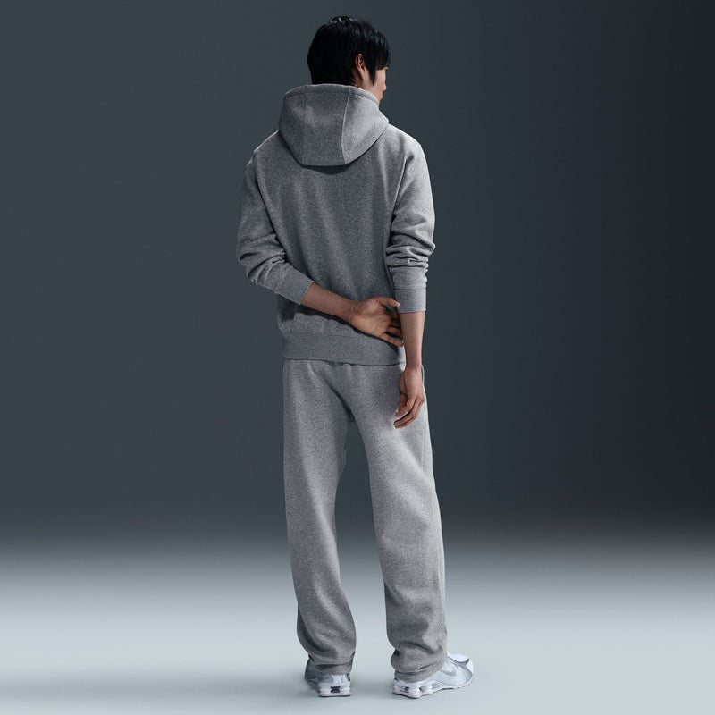 Grey heather fleece pants shown from behind with elastic waist and open-hem cuffs