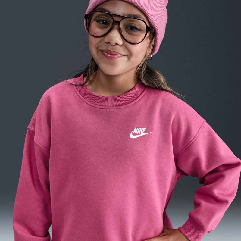 Youth crewneck sweatshirt, sweet beet pink, white Nike logo at chest