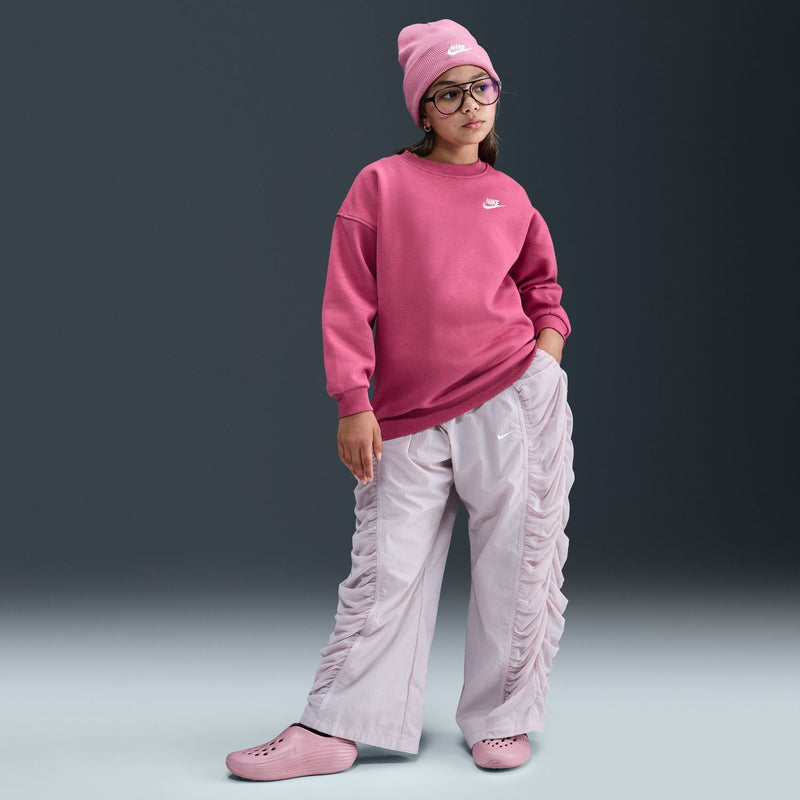 Sweet beet pink youth crewneck sweatshirt with white Nike logo, long sleeves