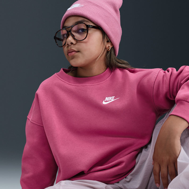 Sweet beet pink youth crewneck sweatshirt with white Nike logo, relaxed fit