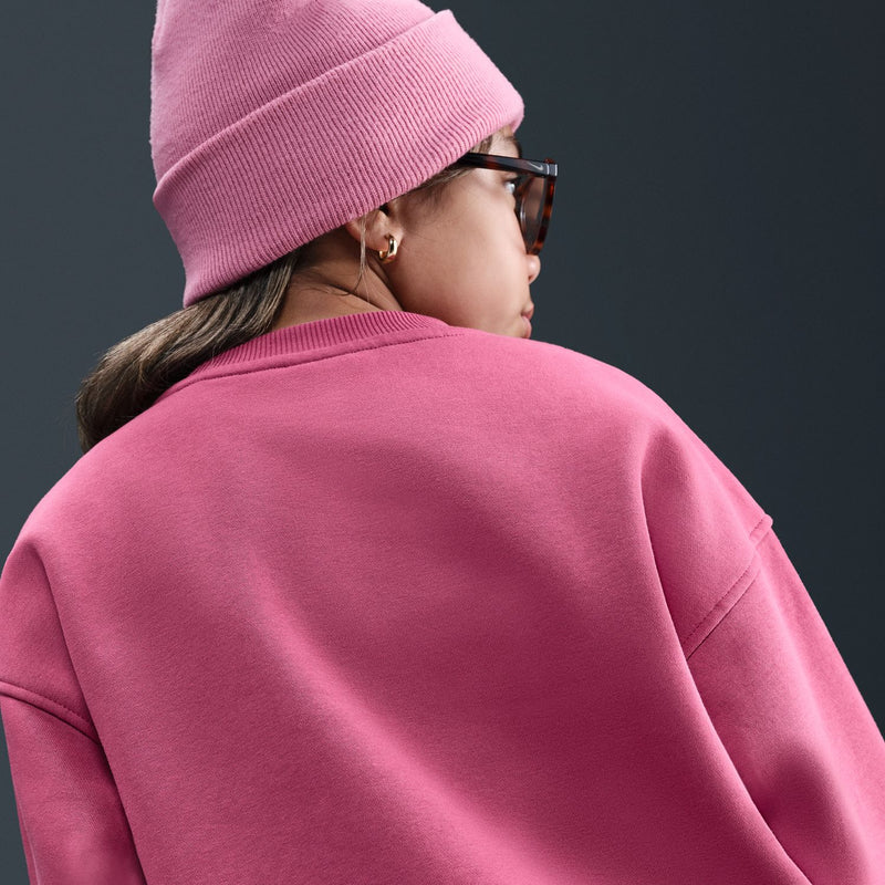 Back view of sweet beet pink youth crewneck sweatshirt, ribbed collar and cuffs