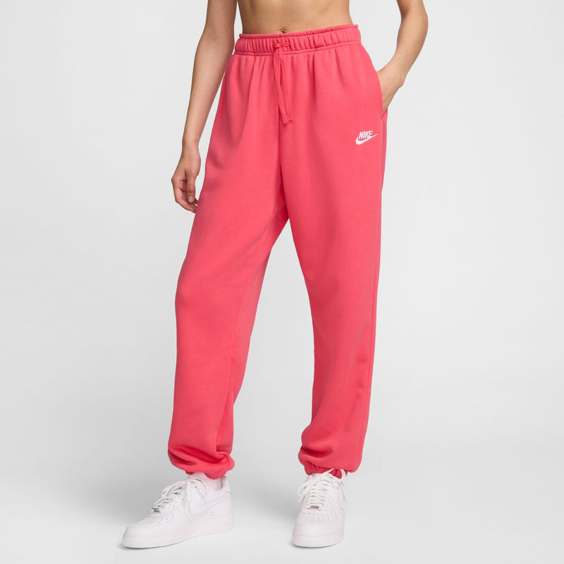 Women's pink fleece jogger pants with drawstring waist, Swoosh logo, ankle cuffs