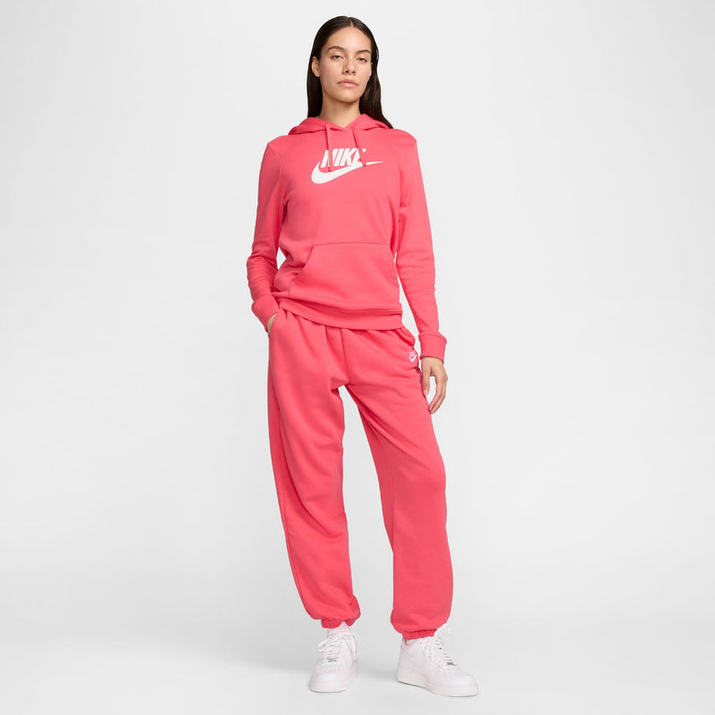 Women's pink fleece jogger pants with elastic waist and relaxed straight legs