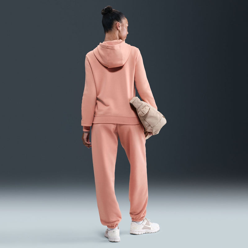 Women’s rose gold fleece jogger pants, back view, elastic waistband and cuffs