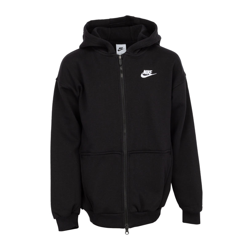 Youth black full-zip fleece hoodie with hood, front zipper, and Nike chest logo