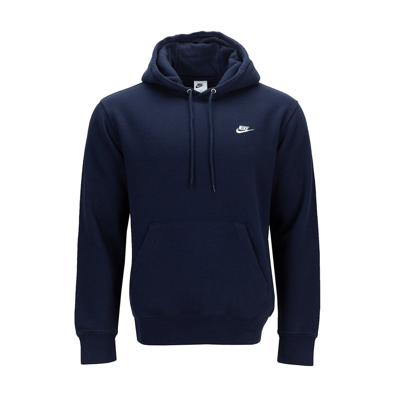 Men's obsidian fleece pullover hoodie with drawstring hood and small Nike logo