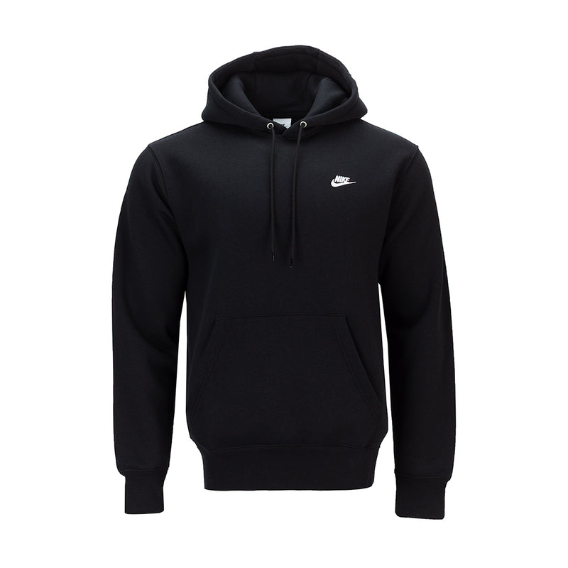 Men's black fleece pullover hoodie with drawstring hood and Nike swoosh on chest.