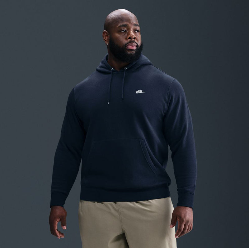 Men's obsidian fleece pullover hoodie with drawstring hood and Nike logo on chest