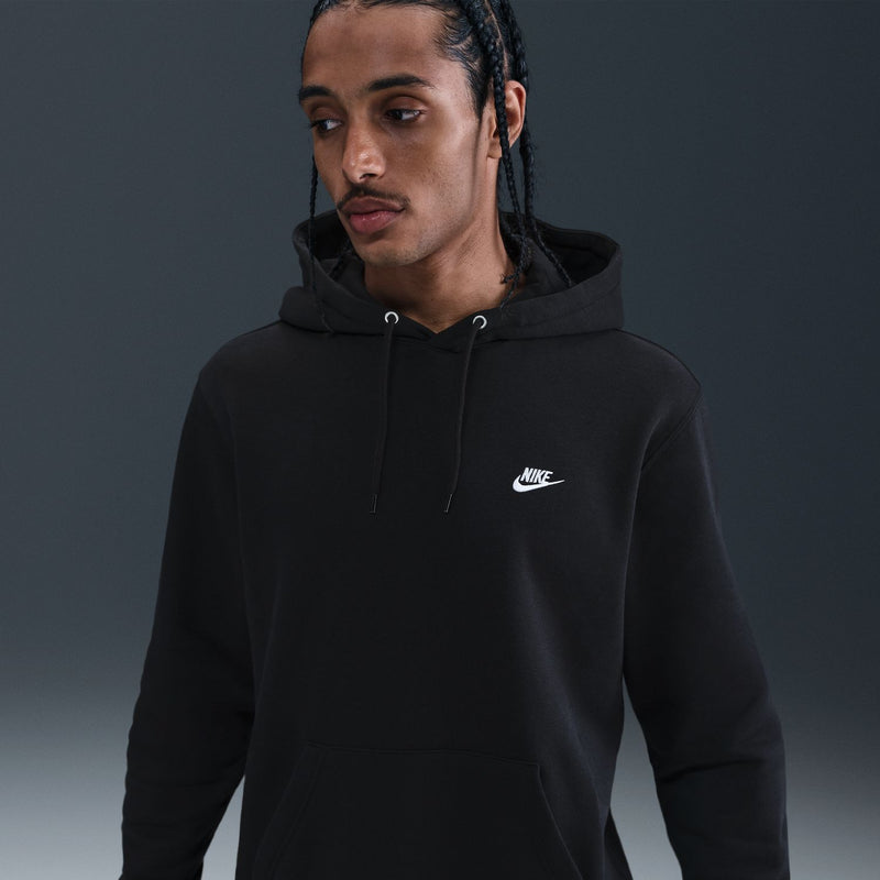Men's black hoodie with adjustable drawstring hood and Nike logo at chest.