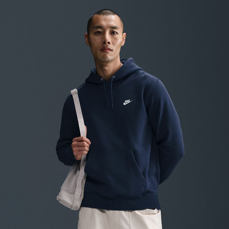 Men's obsidian fleece pullover hoodie with drawstring hood and Nike logo