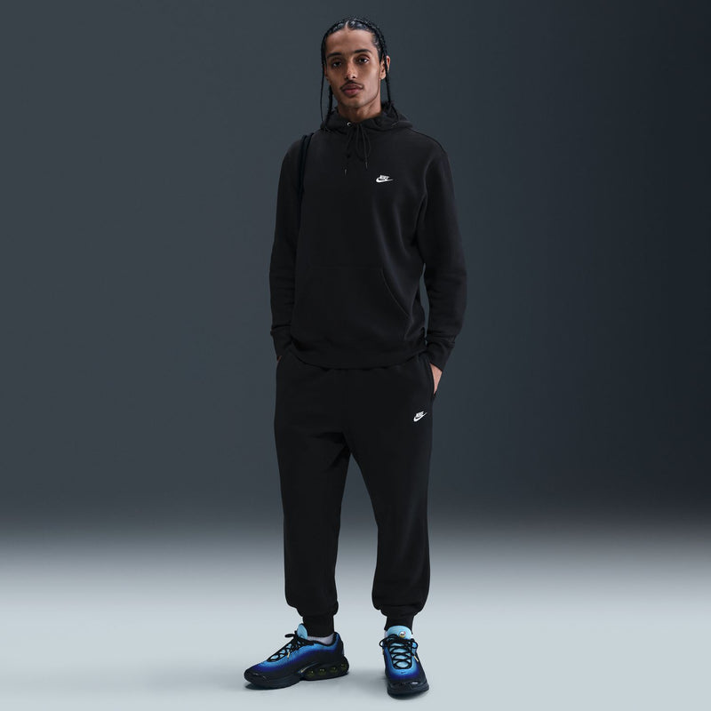 Men's black fleece pullover hoodie with kangaroo pocket and Nike chest logo.
