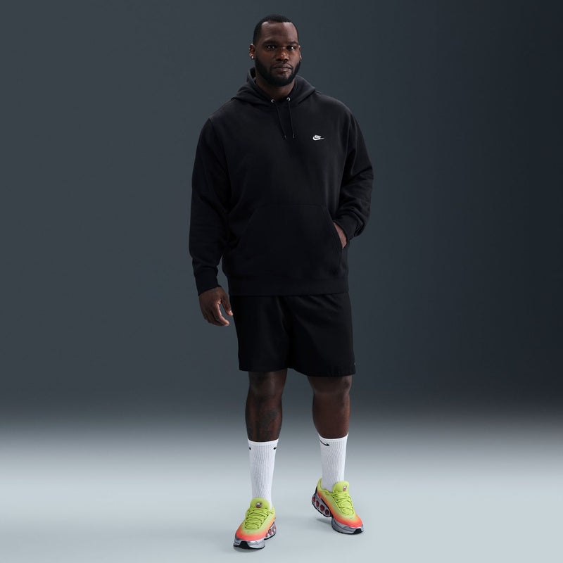 Men's black fleece hoodie with drawstring hood, kangaroo pocket, and Nike chest logo.