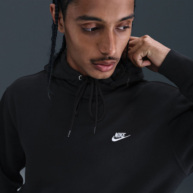 Men's black fleece hoodie with drawstring hood and Nike swoosh logo on chest.