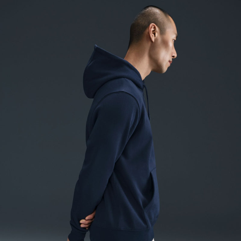 Men's obsidian fleece pullover hoodie, side view with drawstring hood