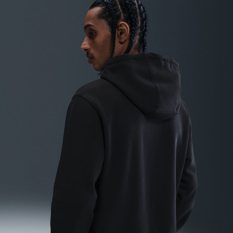 Men's black fleece pullover hoodie back view with hood.