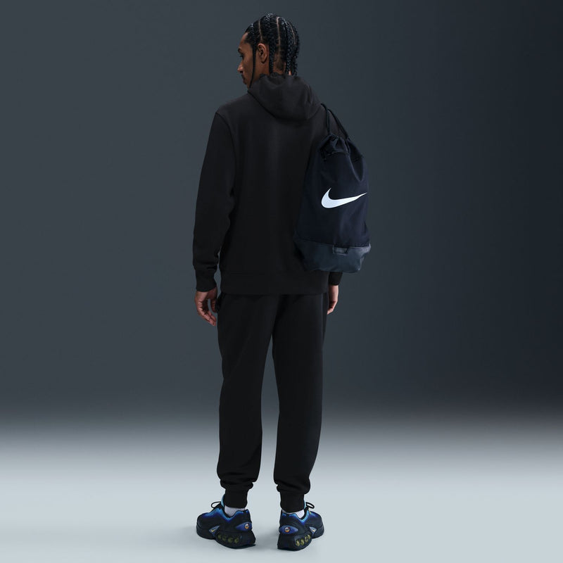 Men's black fleece pullover hoodie with drawstring hood and Nike swoosh on sleeve.