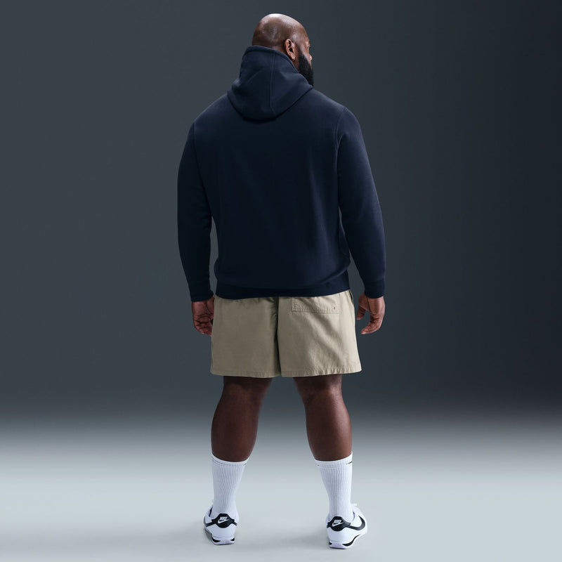 Men's obsidian fleece pullover hoodie, back view with full hood