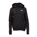 Women’s black fleece pullover hoodie with hood, drawstrings, and kangaroo pocket