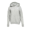 Heather grey fleece pullover hoodie for women with hood, drawstrings, and front pocket